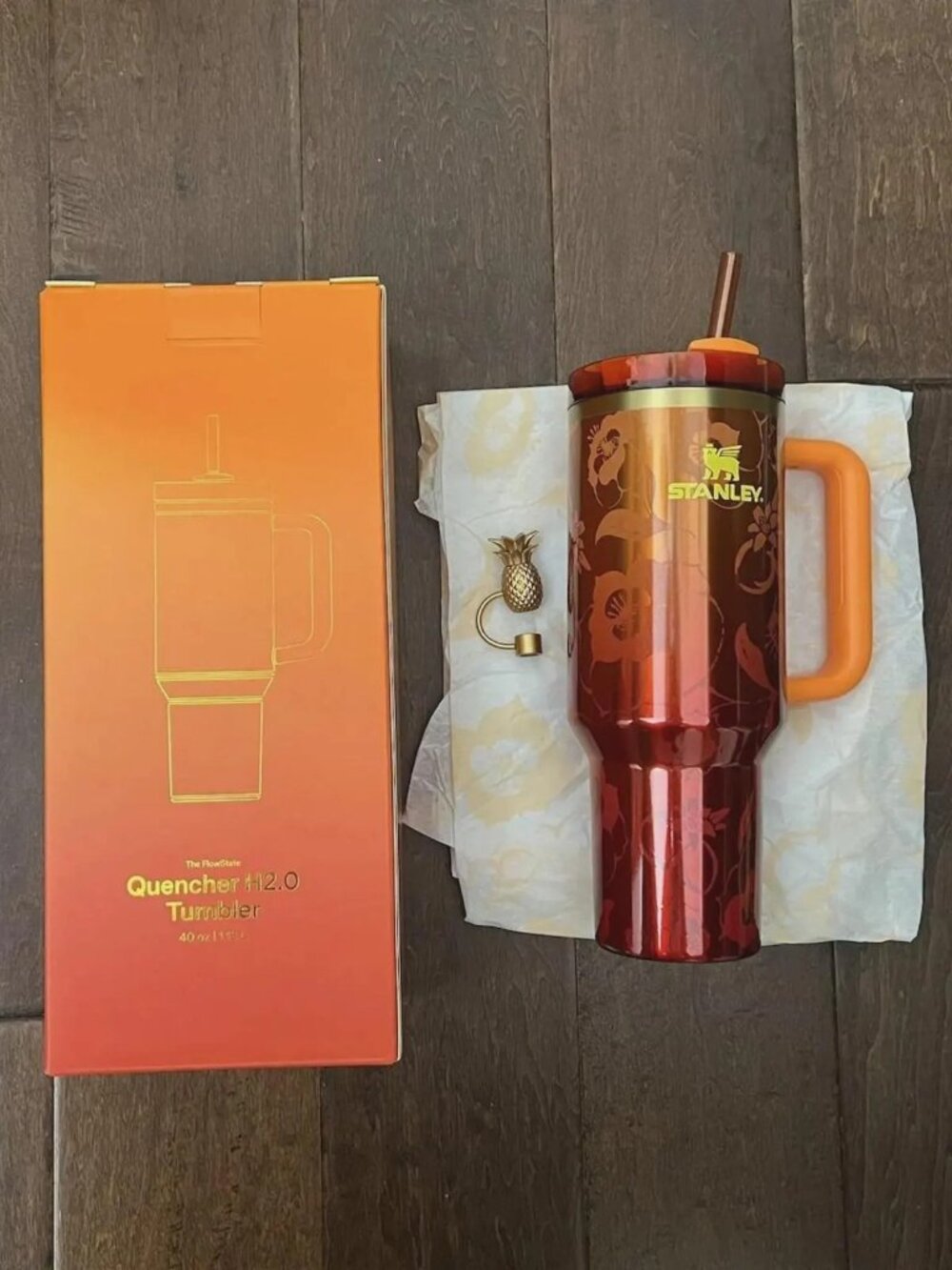 Stanley Quencher H2.0 FlowState Tumbler 40 oz Red Floral with Orange Handle & St